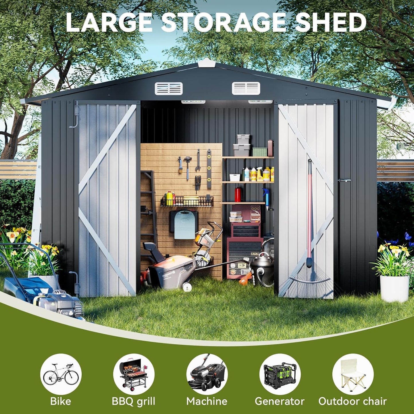 COMHOMA Shed Outdoor Storage Shed Metal,Lockable Doors Tool Sheds with Sloping Roof,Steel Garden Shed with Air Vent for Backyard,Patio,Lawn,Poolside (Grey, 10'*12')