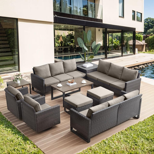 HUMMUH 10 Piece Patio Furniture Set PE Wicker 3 Outdoor Sectional Sofa Set with Patio Swivel Chairs Dinning Table Ottomans for Porch,Garden,Backyard,Deck(Brown/Grey)