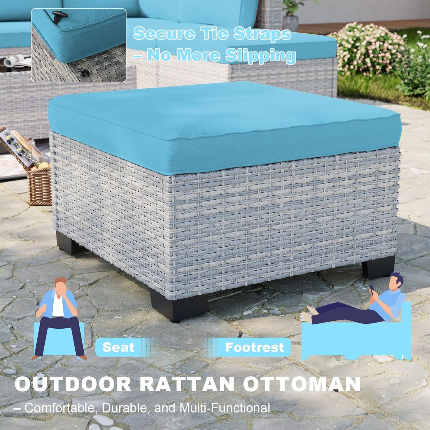 9-Piece Patio Furniture Set, Outdoor with Ottomans, Modular Patio Sofa, Dual-Strand Wicker Rattan, Rust-Resistant Frame, Backyard Furniture for Garden, Deck, Lake Blue