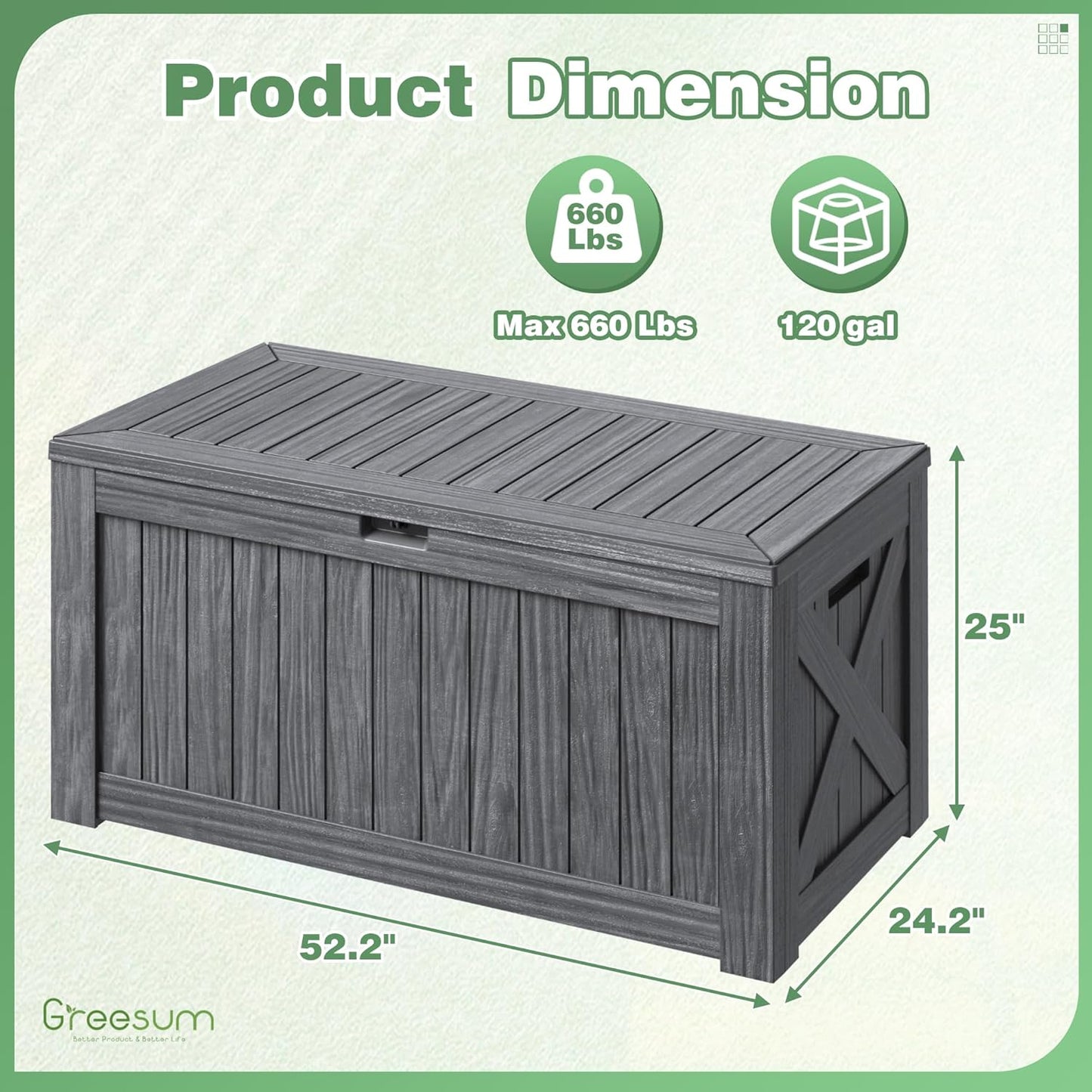 Greesum 120 Gallon Outdoor Storage Box with Lock - Large Resin Deck Box, Reinforced Lid for Garden, Patio, Lawn, Gray