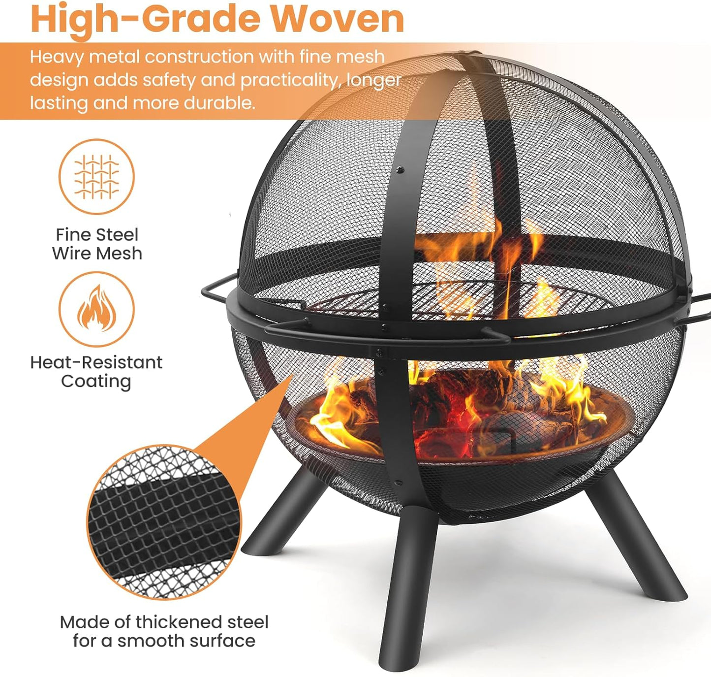 Ikuby Ball of Fire Pit fire Ball with BBQ Grill fire Globe Pit Large Round fire Pit,Patio Fire Pit Fireplace for Camping, Heating, Bonfire and Picnic, Black, 33.85*32.67*35in, (BLKFP-001)