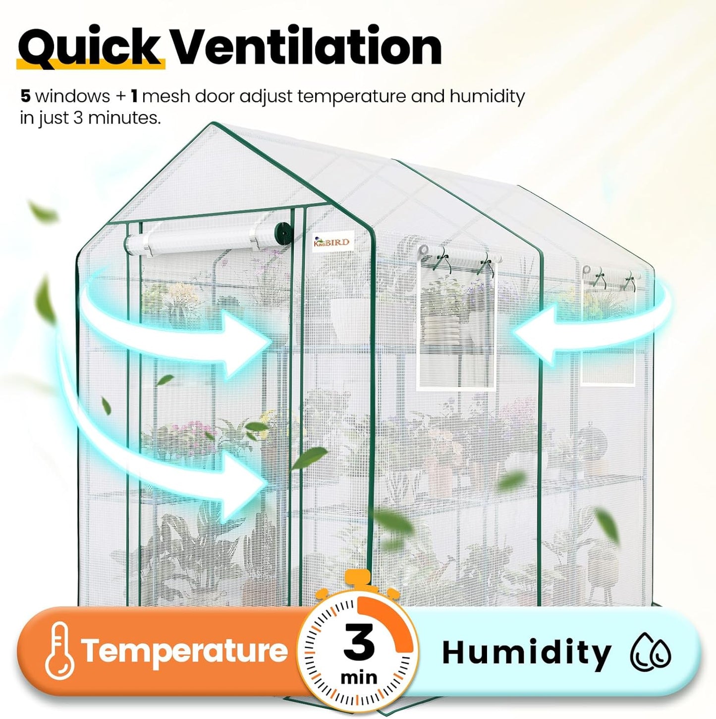 KING BIRD Premium Greenhouse for Outdoors, 84 x 56 x 77 Upgraded PE Cover & Steel Frame Walk in Hot House, w/ Zippered Screen Windows Mesh Door, 3 Tiers 20 Shelves for Outside Garden, White