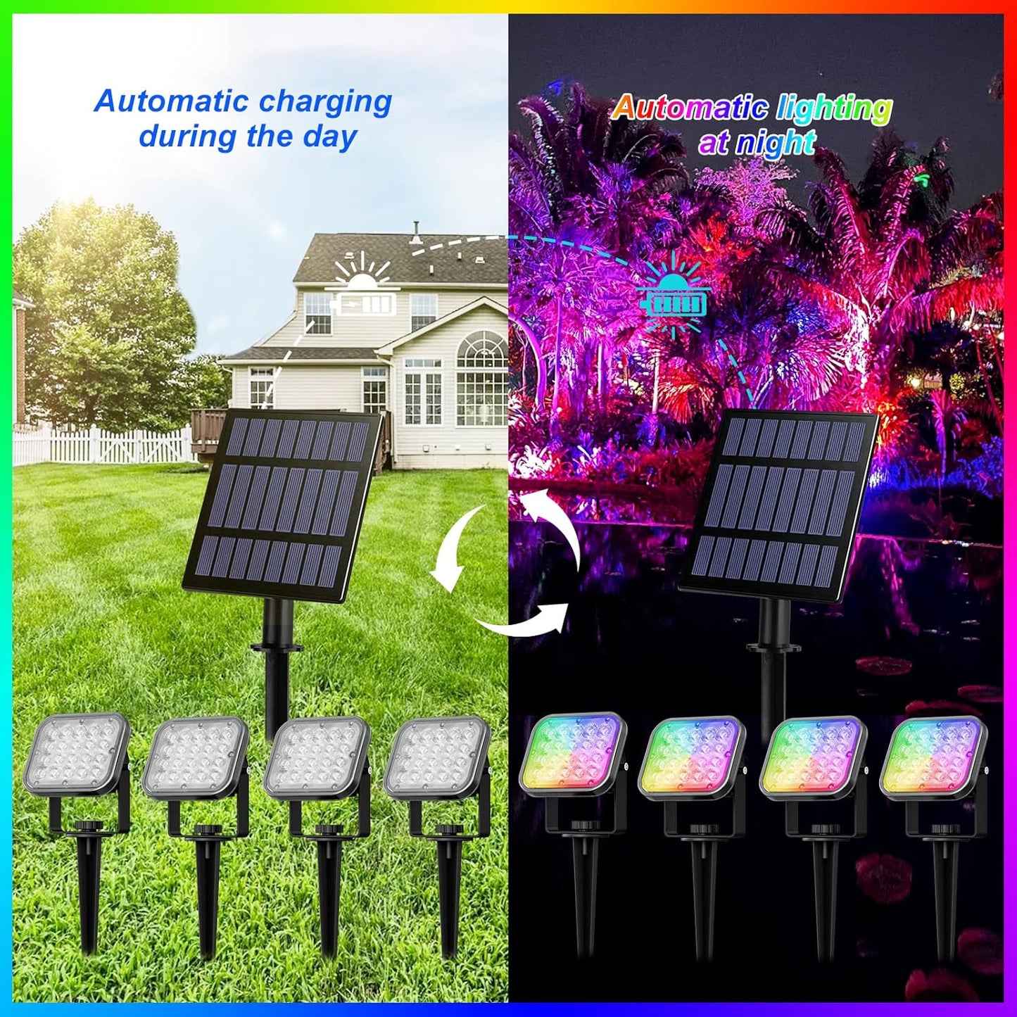 T-SUN Solar Spotlights Outdoor, 4 in 1 Color Changing Landscape Spot Lights Auto ON/Off RGB Garden Pond Lights for Yard, Pathway, Driveway, Pool Area