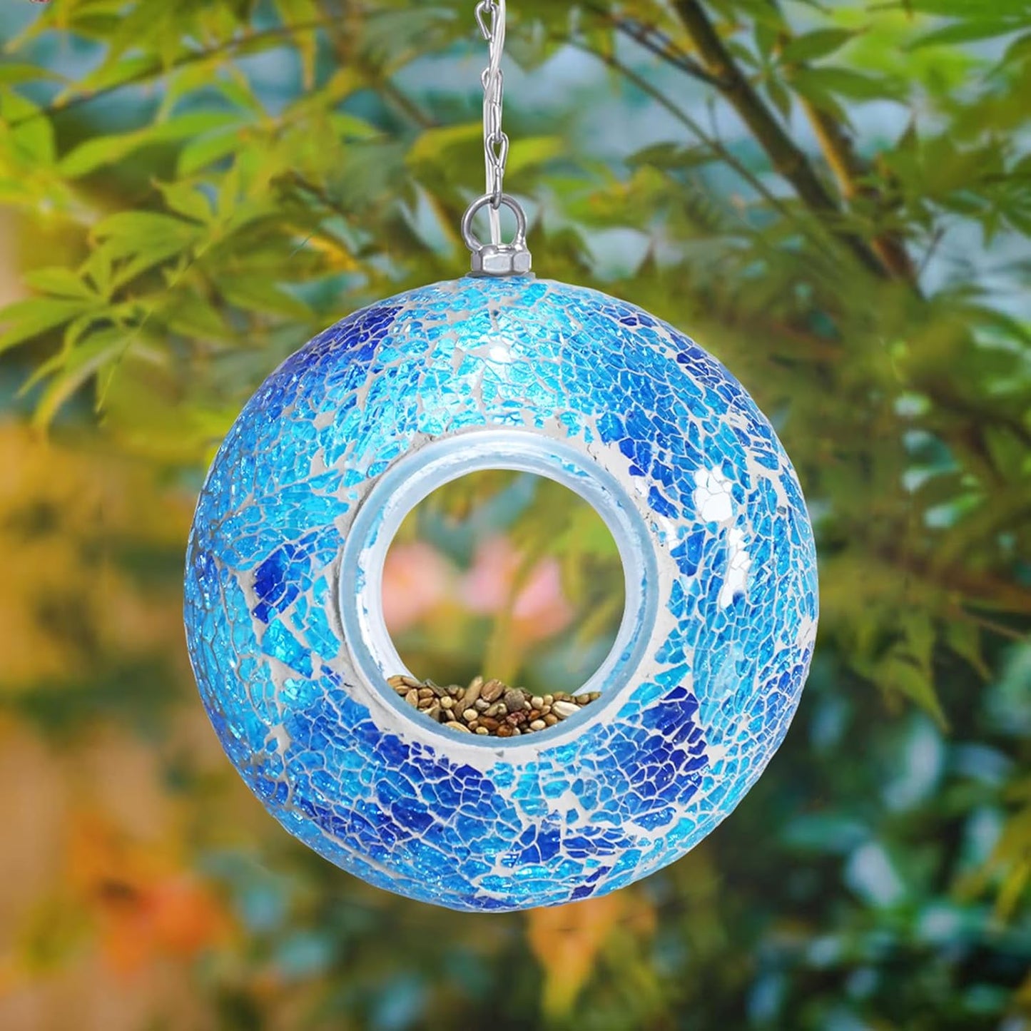 Yinns Solar Bird Feeder - Mosaic Fly Through Bird Feeders for Outside Hanging with Round Shape Glass Container Birdfeeder for Garden Decor, 8 Inch