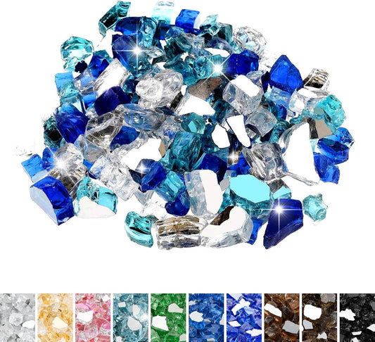Mr. Fireglass 10 Pounds Blended Fire Glass - 1/2 Inch Mixed Colored High Luster Reflective Tempered Glass Rocks for Fireplace Fire Pit Table Fireplace and Landscaping, Aqua Blue+Cobalt Blue+Platinum