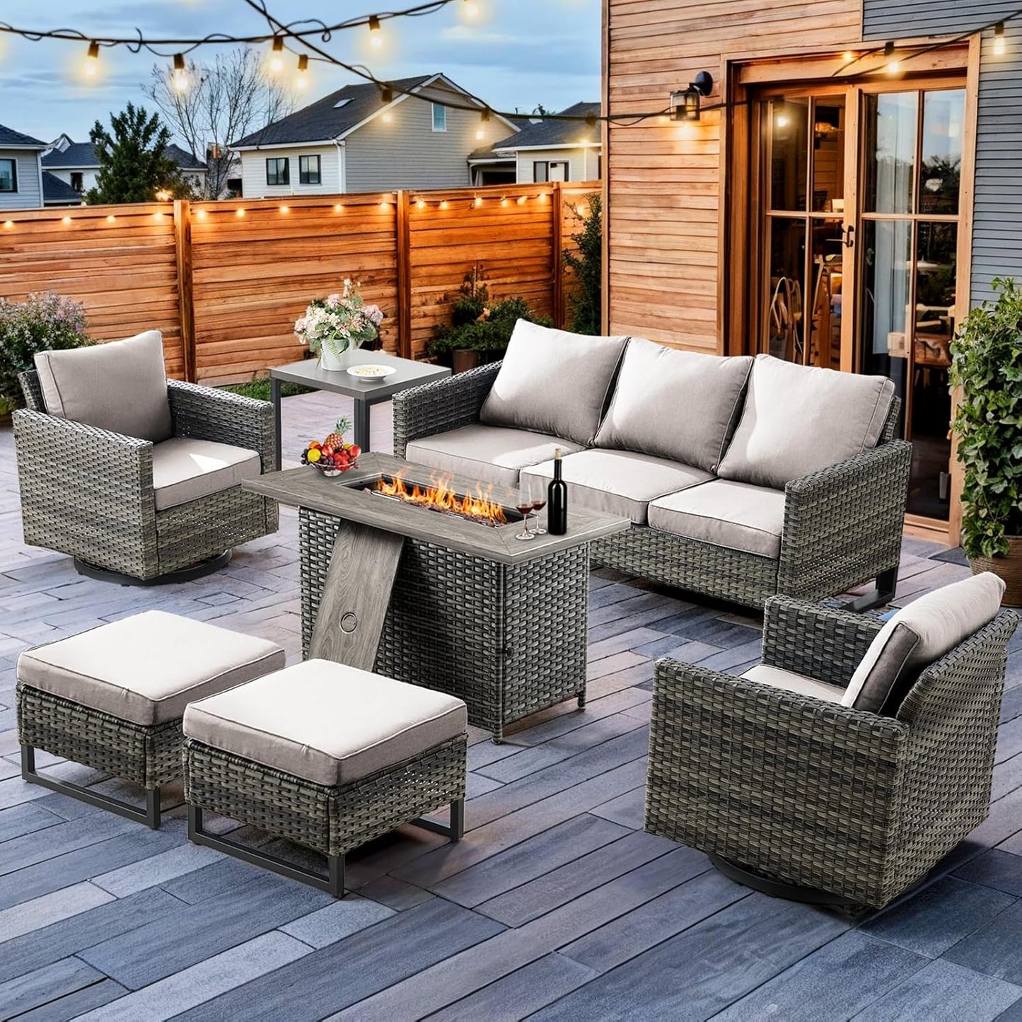 HUMMUH 7 Piece Patio Furniture Set with Fire Pit 41in 55,000 BTU,Wicker Outdoor Conversation Sets - Patio Swivel Chairs Sofa Ottomans,Side Table for Porch,Garden,Backyard