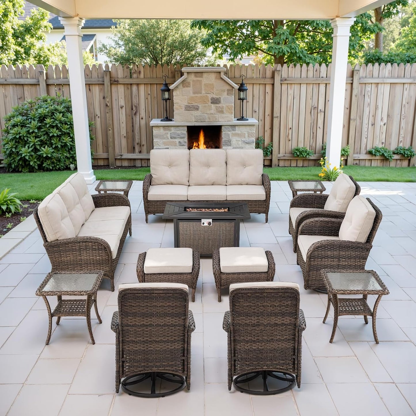Grand 13 Pieces Outdoor Patio Furniture Set with 4 Swivel Glider Chairs and 50000 BTU Propane Fire Pit Table, Patio Conversation Set with Sofa and Wicker Side Table for Big Garden Backyard