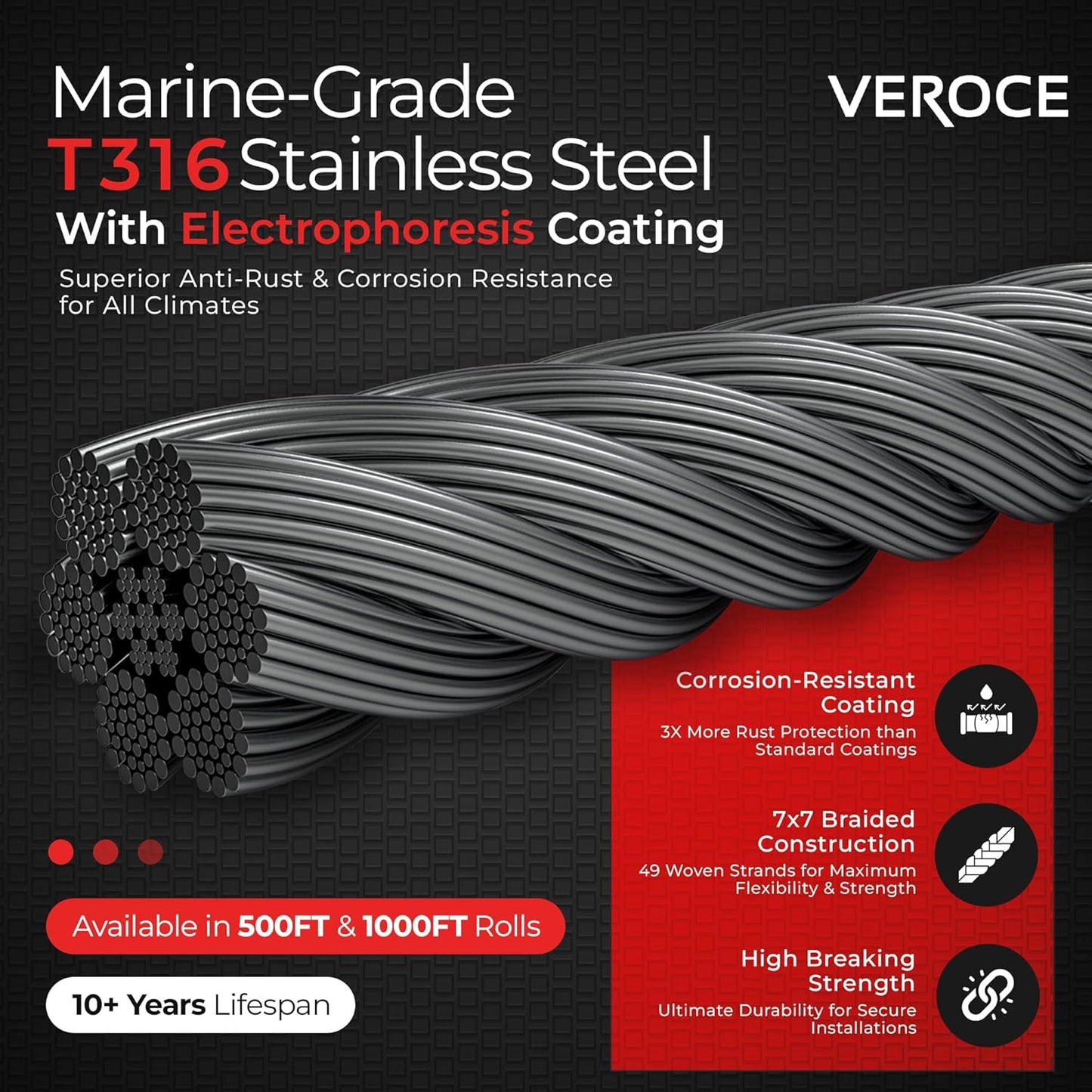 1000FT 1/8" T316 Stainless Steel Cable - 7x7 Strands Wire Rope - Black Phosphate Coating - Cable Cutters & Gloves Included - Aircraft Cable for Indoor & Outdoor - Cable Railing Stair