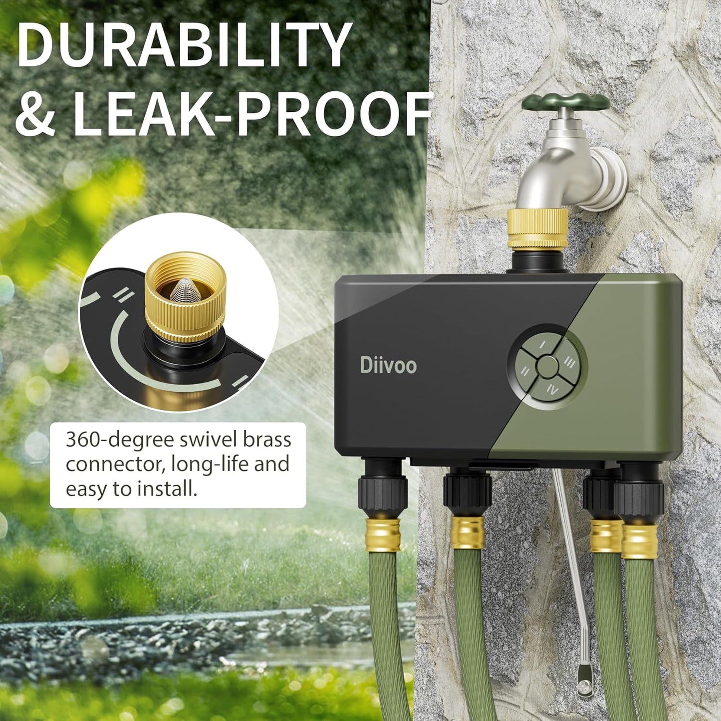 Diivoo WiFi Water Timer 4 Outlets with Brass Inlet, Smart Sprinkler/Hose/Tap Timer Compatible with Alexa & 24 Irrigation Plans & Rain Delay, Garden Watering Systems Controller with 2 Watering Modes