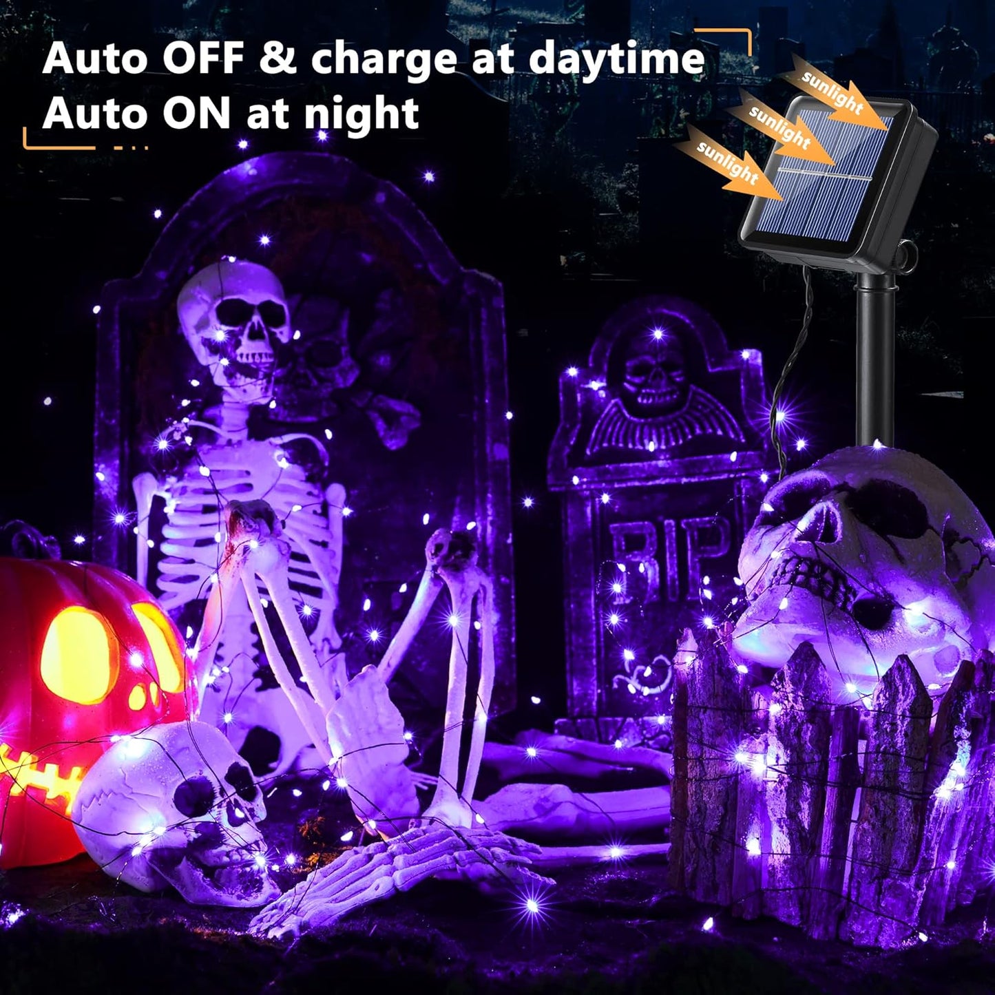 Brizled Halloween Fairy Lights, 2 Pack Total 78FT 240 LED Purple Fairy Lights, 8 Modes Solar Powered Purple Light, Twinkle Outdoor Halloween Light String for Outside Party Home Decor Black Wire