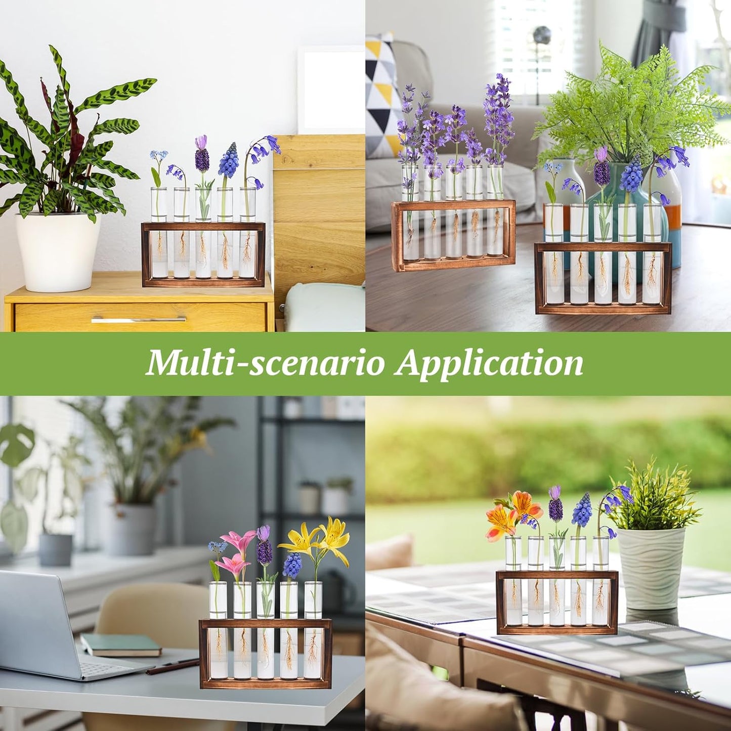 2pcs Desktop Glass Plant Propagation Station with 10 Test Tubes in Wooden Stand - Hydroponic Plants Cutting Office Home Decoration and Garden Decor Terrarium (10 Tubes)