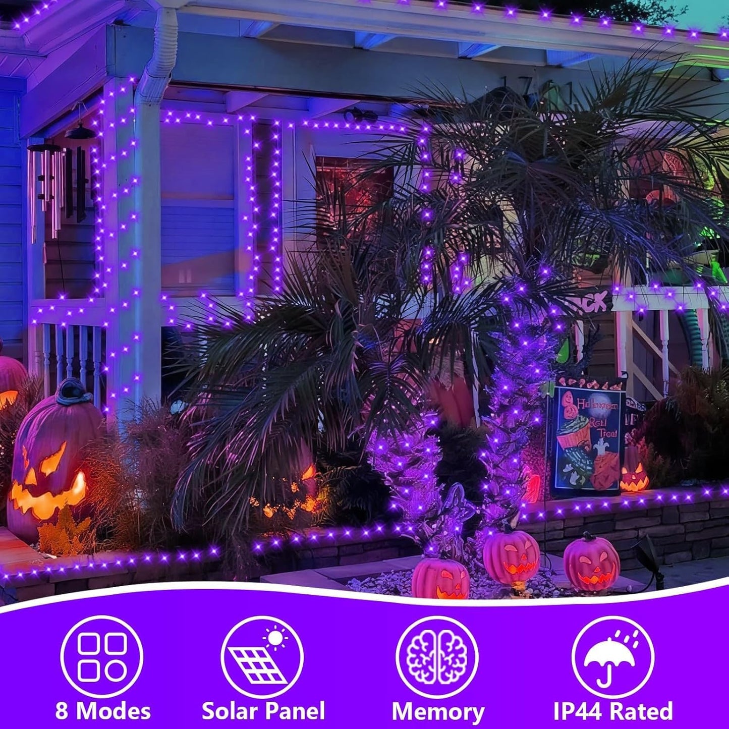 QITONG 4 Pack Purple Halloween Lights, Each 33ft 100 LED Purple Solar Fairy Lights Outdoor Waterproof, 8 Modes Copper Wire Twinkle String Lights