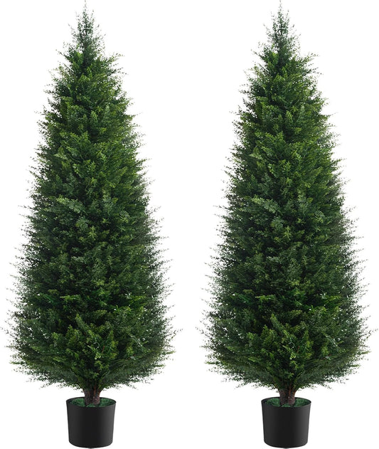 Two 4ft Artificial Plants Topairy Faux Cedar Trees for Outdoor Planters, 48IN Tall Fake Pine Bushes UV Resistant Large Potted Shrubs for Front Porch Décor