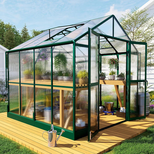 HOWE 8x8x7.5 FT Aluminum Greenhouses for Outdoors,Polycarbonate Greenhouse with 2 Vents Lockable Swing Door Rain Gutter,Walk-in Greenhouse for Backyard Plants,Green
