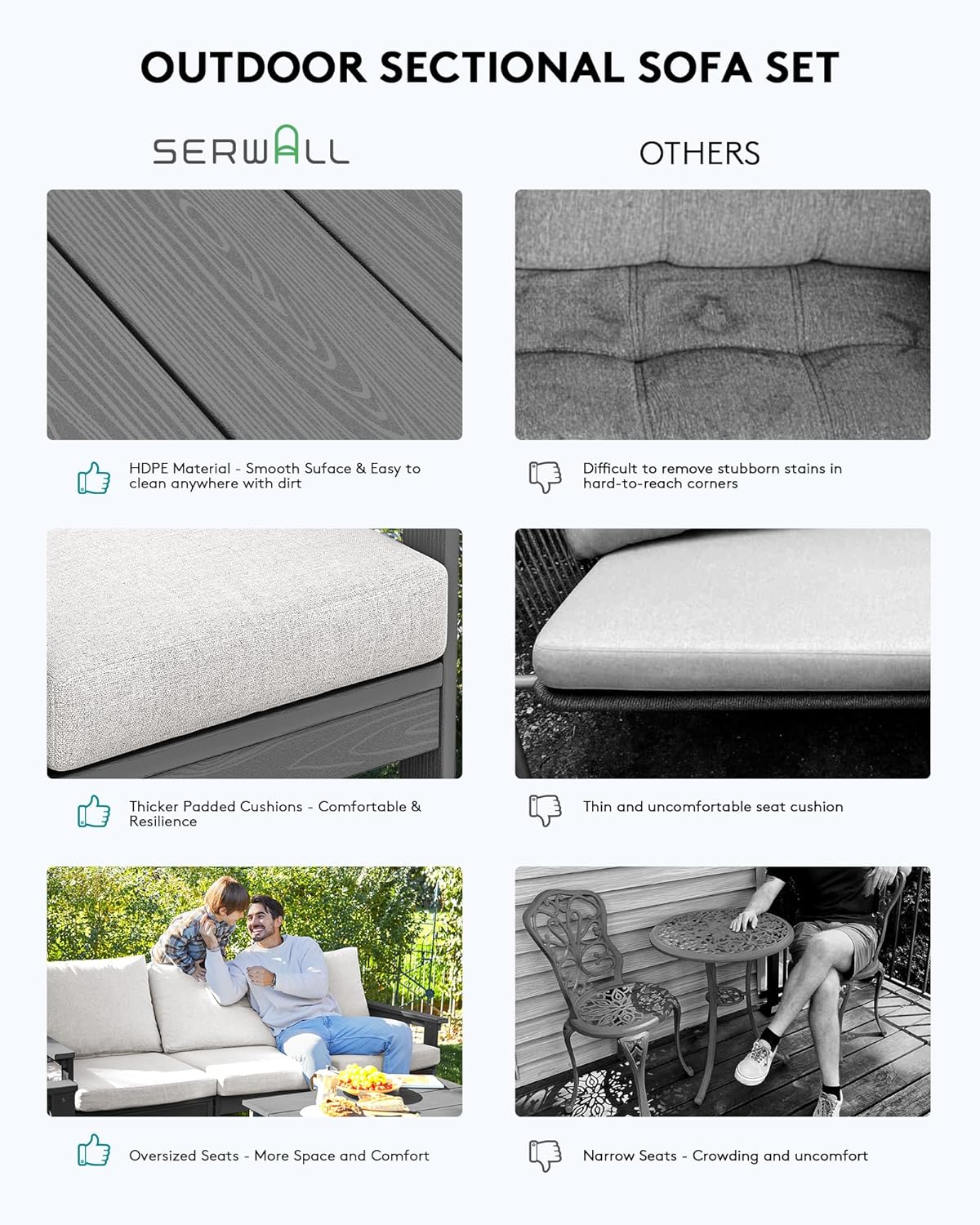 SERWALL HDPE Patio Sofa Set, 4-Piece Sectional Outdoor Furniture Set, All Weather Outdoor Couch Set Patio Furniture Set for Deck, Lawn, Grey Frame with Khaki Cushion