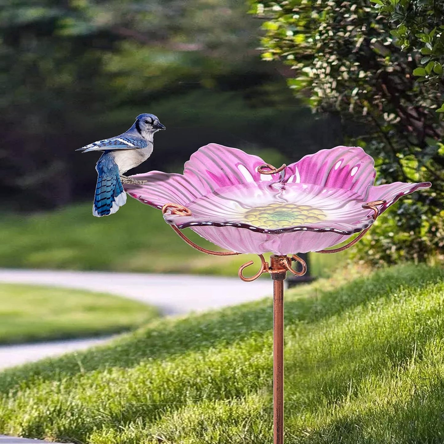 Outdoor Bird Bath Glass Birdbath Garden Birdfeeder with Metal Stake Pink(Height:26inch)
