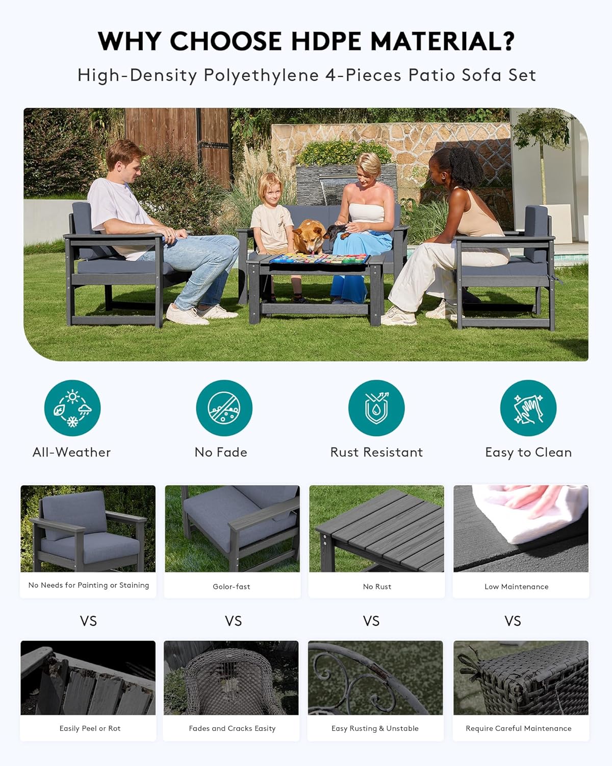 SERWALL 5 Pieces HDPE Outdoor Sofa Set with Cushions, All Weather Loveseat Social Furniture Set, Couch Conversation Chairs with Coffee Table, Grey Frame with Grey Cushions