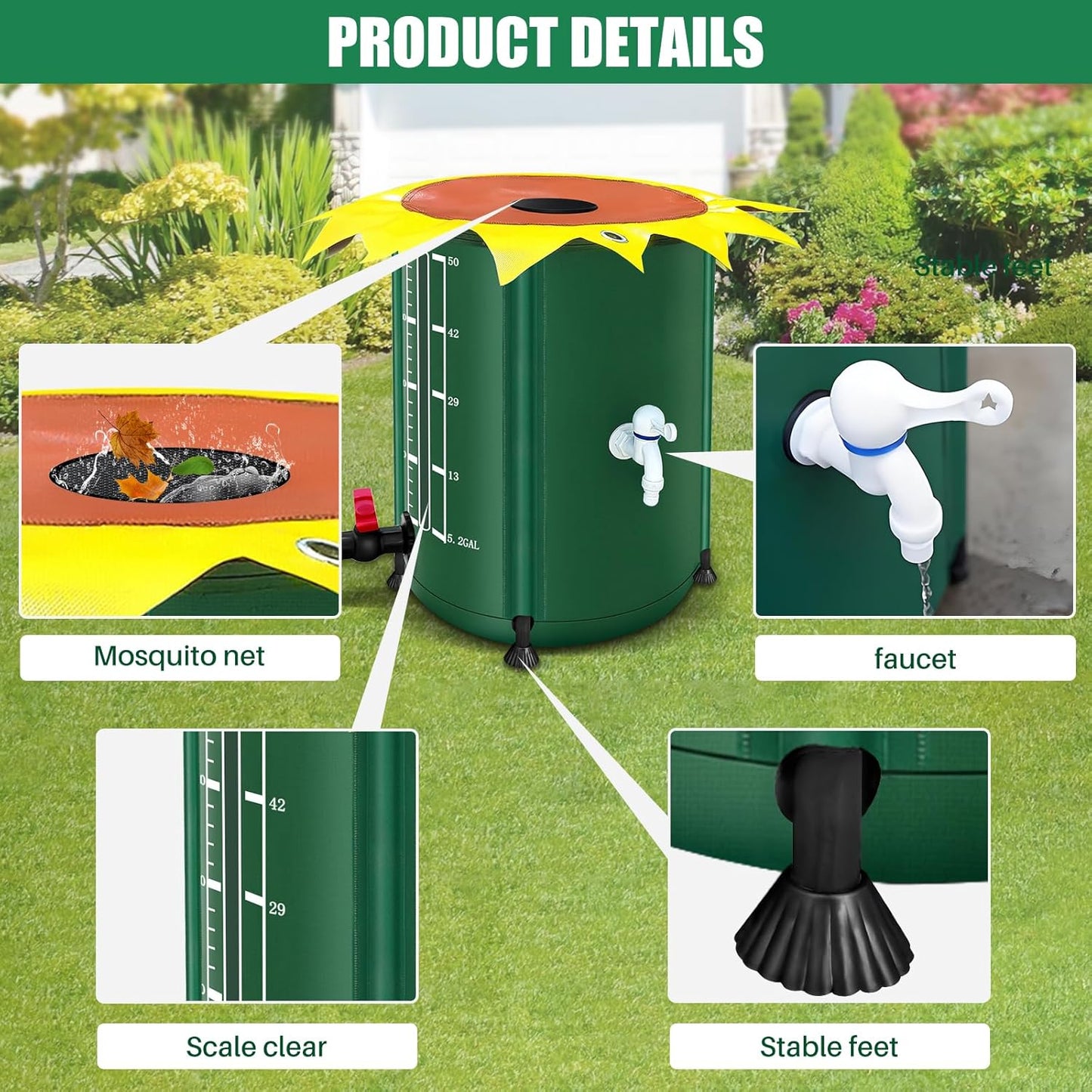 53 Gallon Collapsible Rain Barrel, Rain Water Collection Barrel with 1000D Oxford Cloth, Portable Rainwater Collection System with Spigot and Overflow Kit