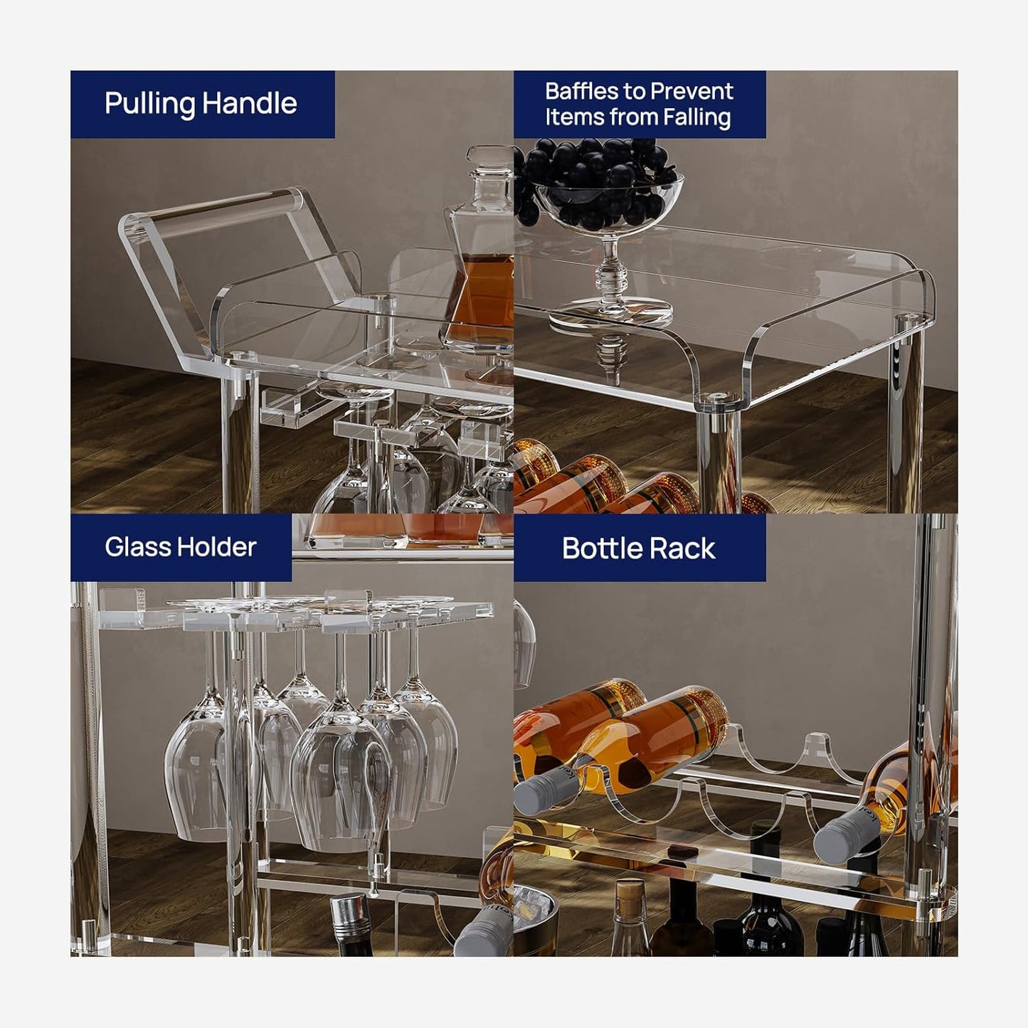 HMYHUM Acrylic Bar Cart with 4 Lockable Wheels, Clear Serving Cart with Wine Rack and Glass Holder, Rolling Beverage Cart for Home, Kitchen, Dinning Room, 33.7" L x 13" W x 34.8" H