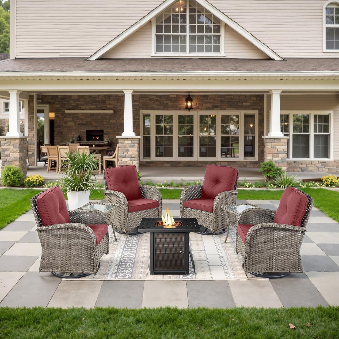 7-Piece Modern Gray Wicker Patio Conversation Set - 4 Swivel Glider Chairs & 50,000 BTU Propane Fire Table