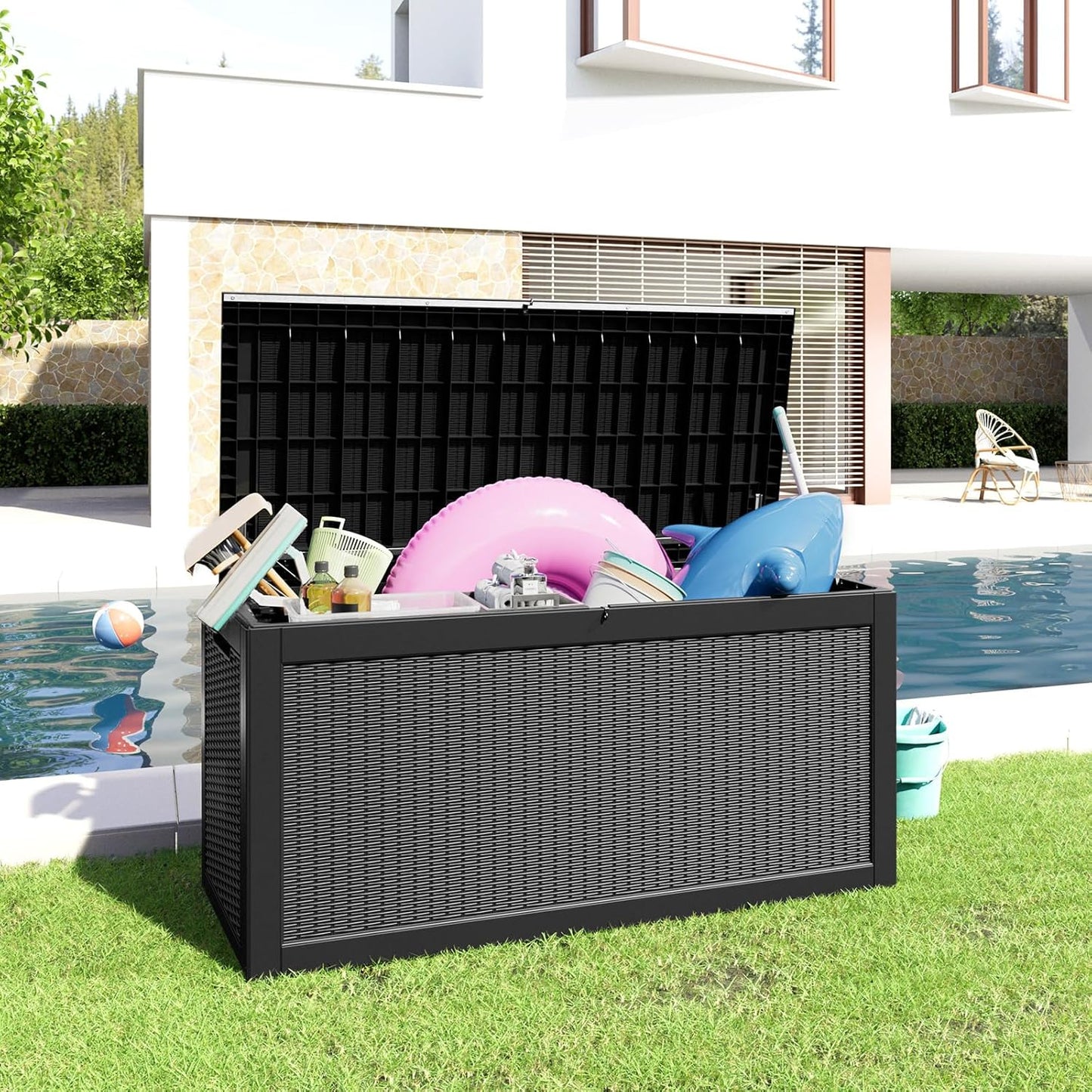 260 Gallon Resin Deck Box, Lockable Patio Outdoor Storage Box for Furniture, Garden Tools and Tools Storage, Waterproof Outside Storage Boxes - Black