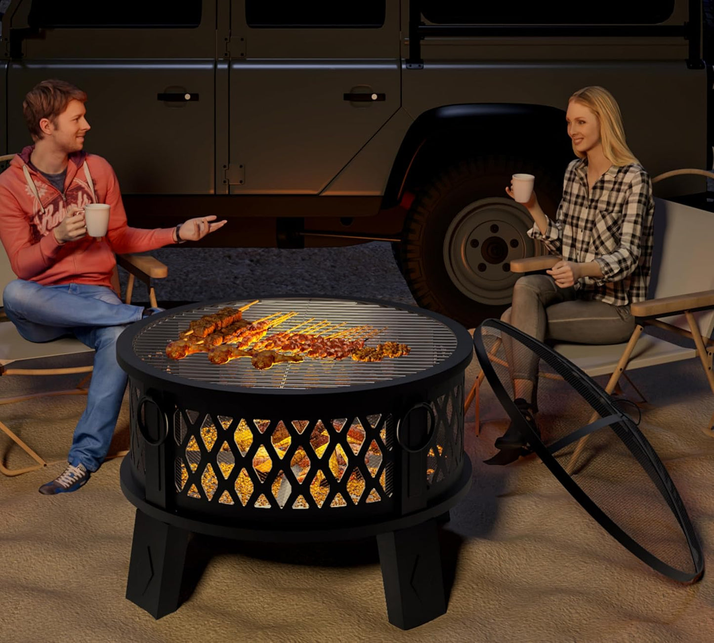 Fire Beauty 26" Steel Fire Pit with Grill & Diamond Mesh Design,360° Airflow Tech for 80% Less Smoke,XL Flames,Heavy-Duty Portable Outdoor Fire Bowl for Camping, Backyard, Beach (22lbs, 4 Handles)
