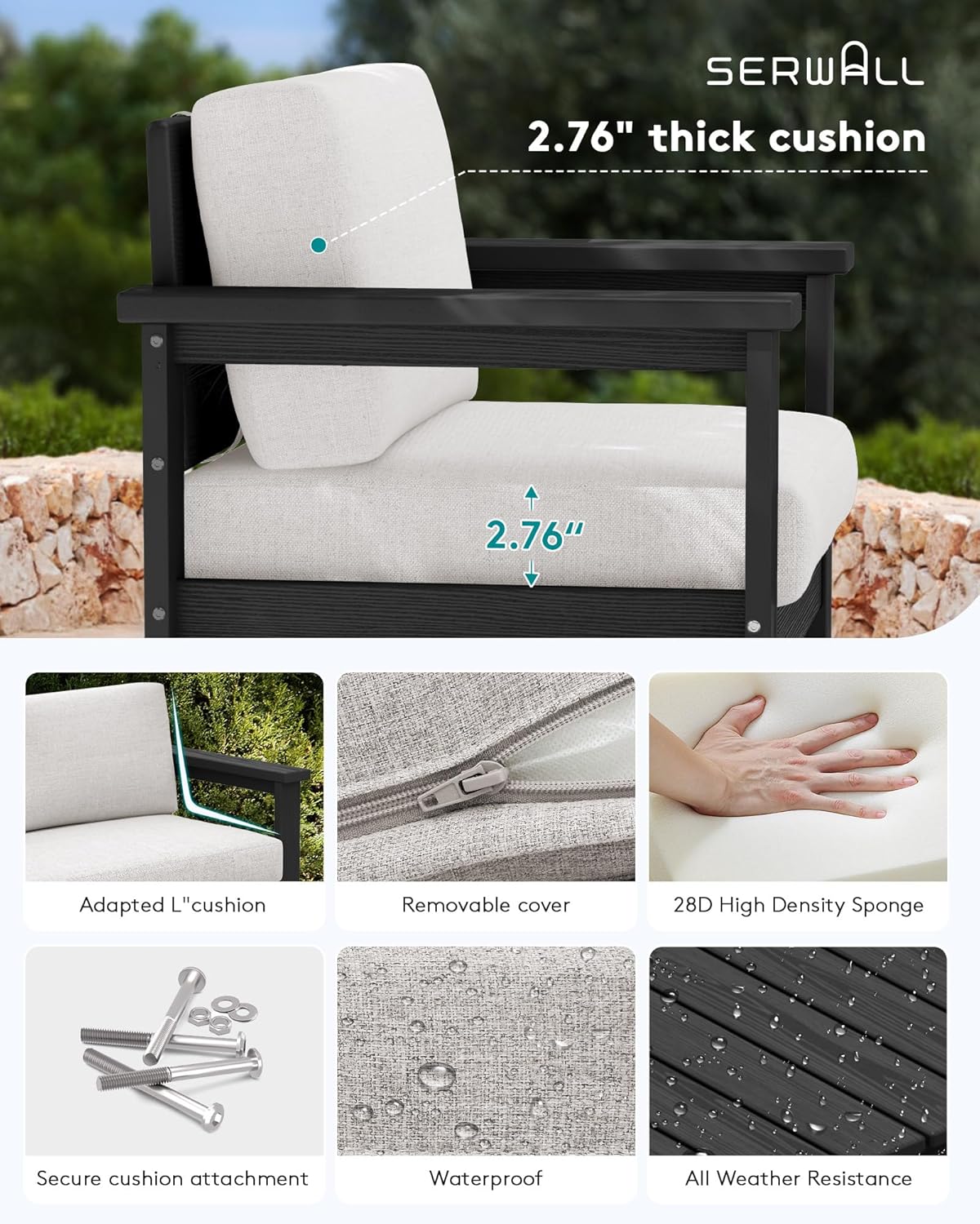 SERWALL 6 Pieces HDPE Outdoor Sofa Set with Cushions, Outdoor Conversation Couch Loveseat Furniture Set with Coffee Table for Balcony, Deck, Poolside, Black Frame with Khaki Cushions