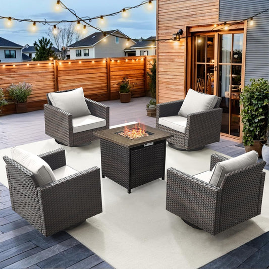 HUMMUH 5 Piece Patio Furniture Set,Wicker Swivel Rocker Patio Chairs Set of 4 with 30'' Fire Pit Table Outdoor Furniture Set for Porch,Garden,Backyard