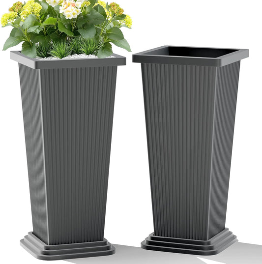 Set of 2 Tall Planters, 24" Large Indoor Outdoor Flower Pots with Tray, Modern Tapered Planters for Porch, Patio, Garden, Backyard