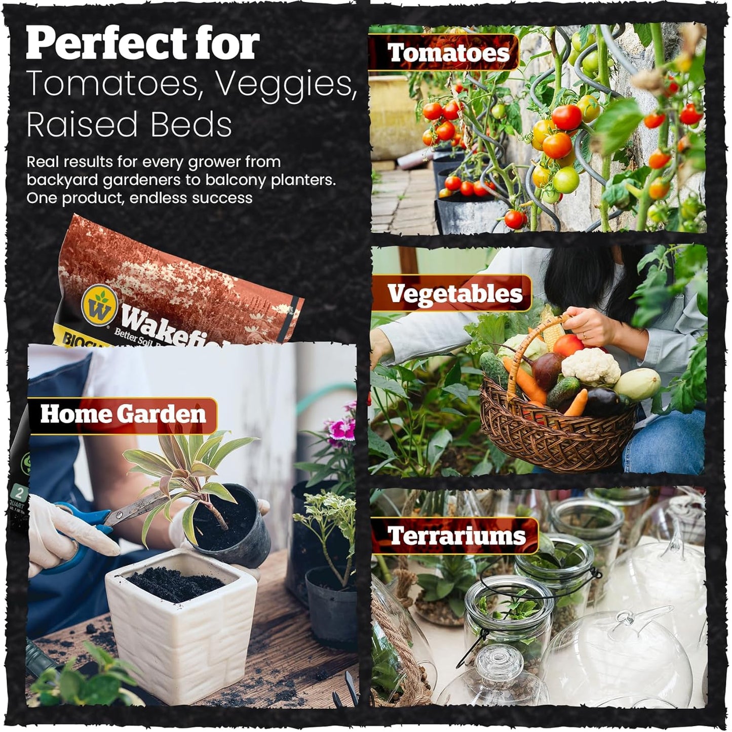 Wakefield Premium Biochar Blend – Organic Potting Soil for Vegetables, Tomatoes & Gardens – Potting Mix Enriched with Humic Acid & CarbonBoost – Versatile Top Soil for Indoor & Outdoor Plants-2quarts