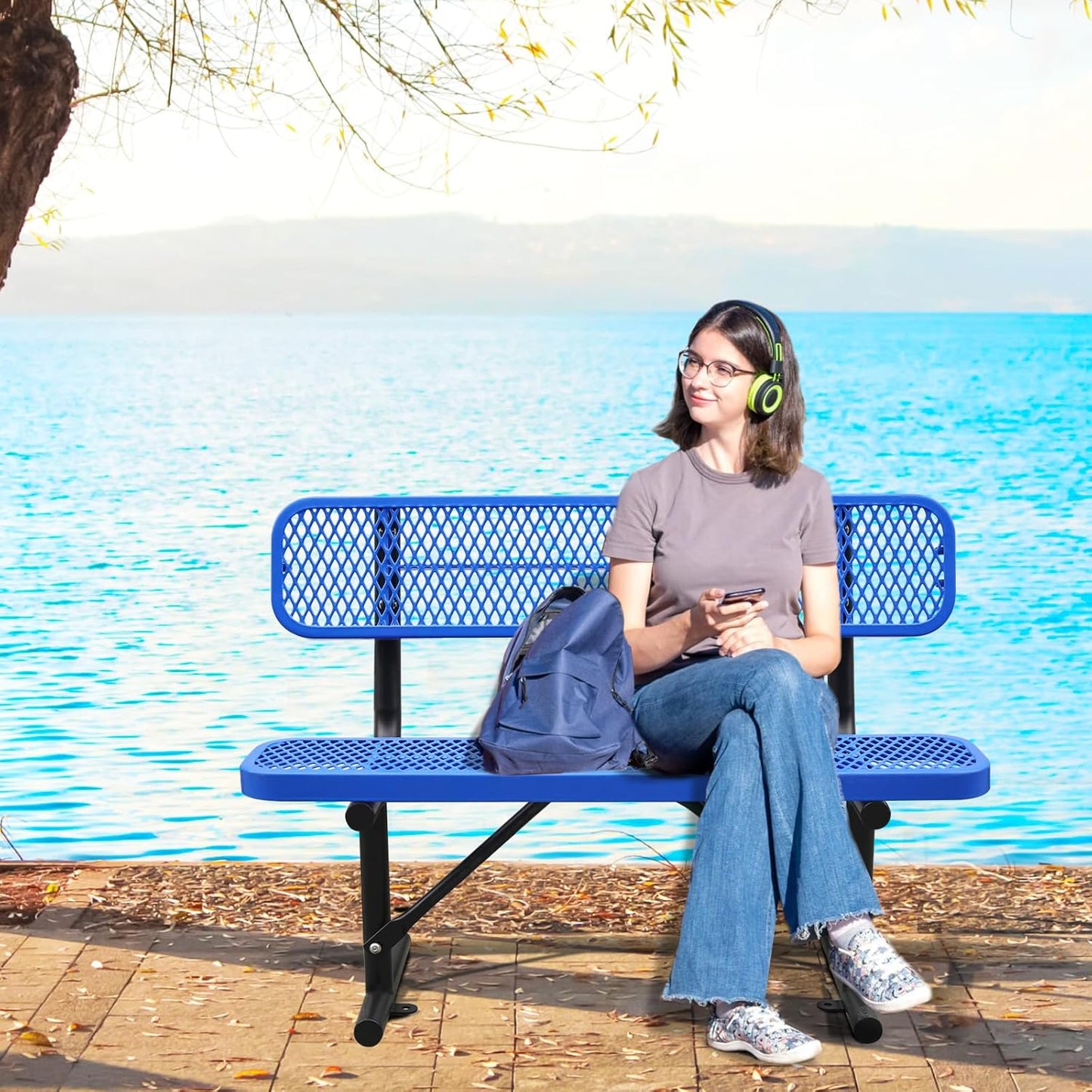 Outdoor Garden Bench, Cast Iron Metal Frame Patio Park Bench with Backrest, Portable Expanded Metal Black Bench, Commercial-Grade Outdoor Seating for Lawn, Patio, Park, Yard, Garden (Blue, 4FT/48'')