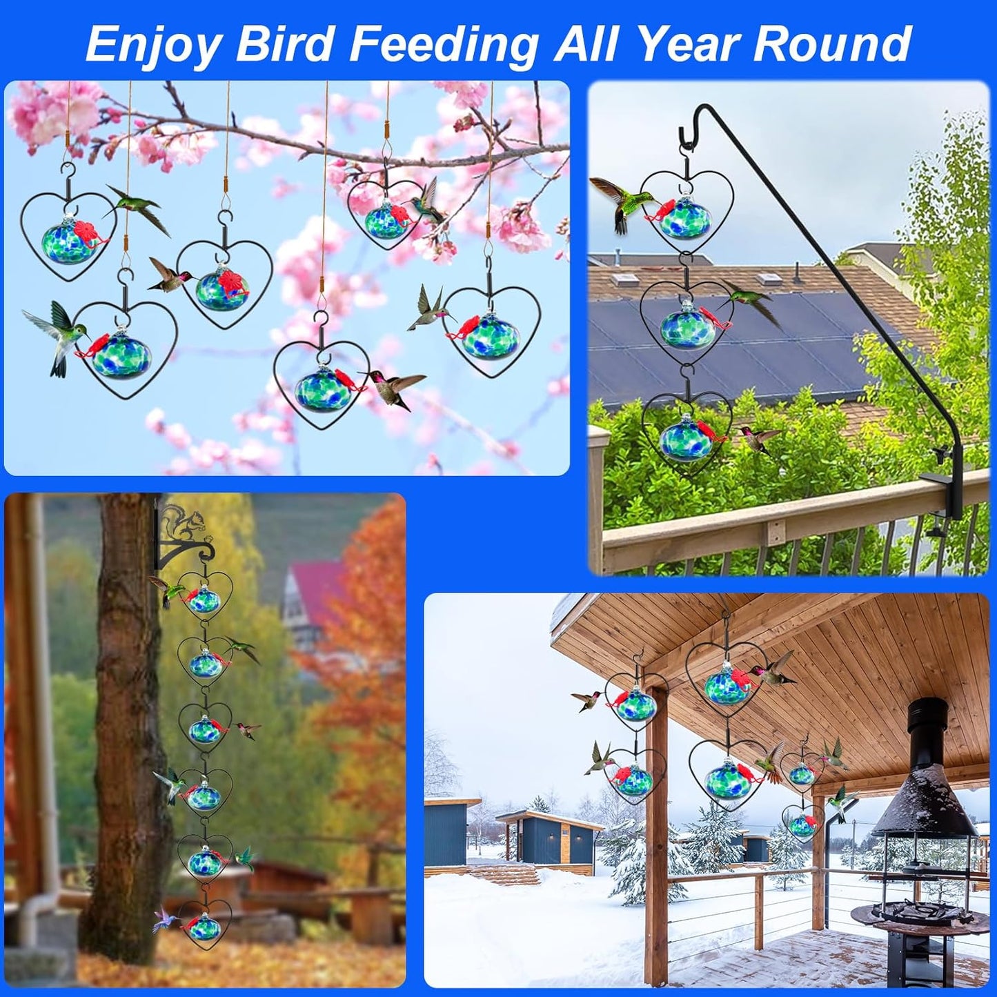 6 Pcs Heart-Shaped Hummingbird Feeder for Outdoors, Flexible Stackable Hand Blown Glass Humming Bird Feeders with 6 Adjustable Perch for Garden Tree Yard Patio Outdoors (Heart Shaped, Dotted Blue)