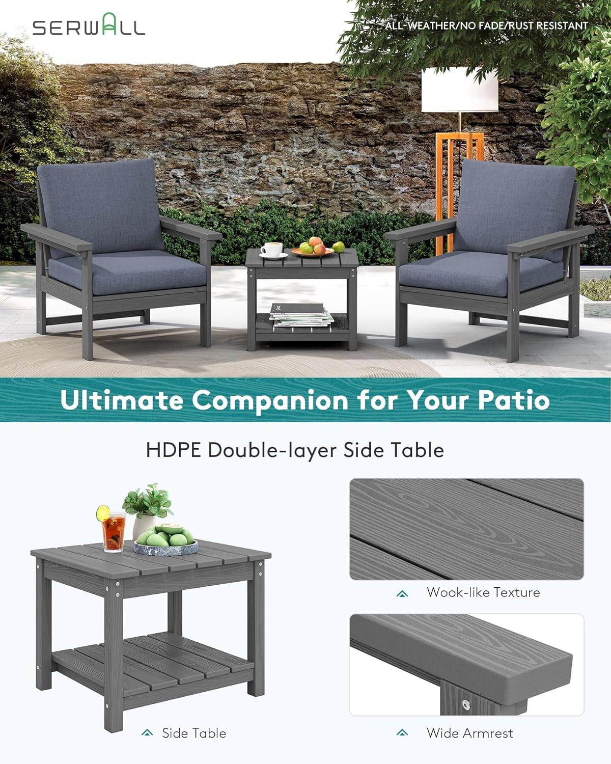 SERWALL HDPE Patio Sofa Set, 3-Piece Sectional Outdoor Furniture Set, All Weather Outdoor Couch Set Patio Furniture Set for Deck, Lawn, Grey Frame with Grey Cushion