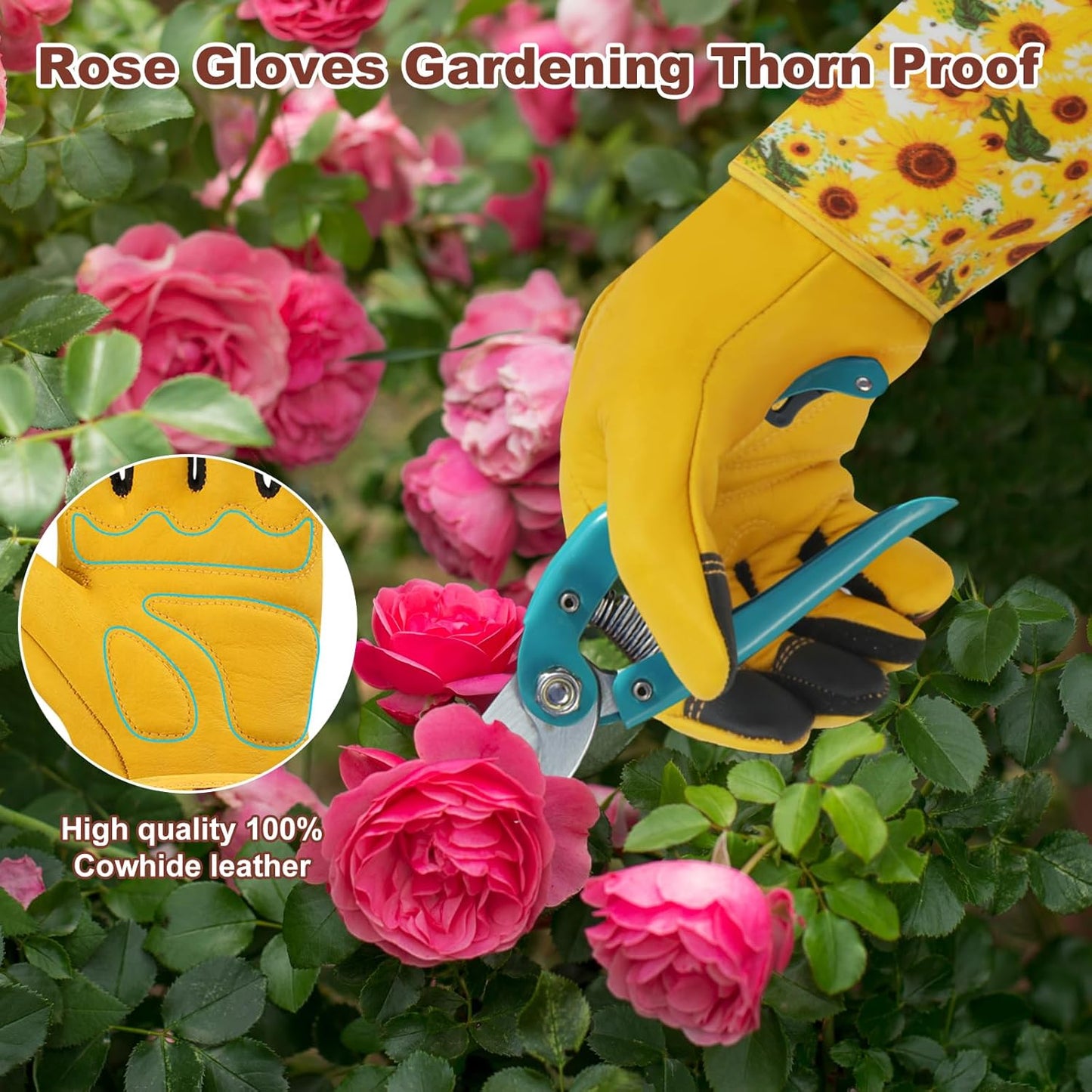 DLY Gardening Gloves for Women, Rose Gloves Gardening Thorn Proof, Long Garden Gloves for Women, Breathable Cowhide Leather Gauntlet (Small, Yellow
