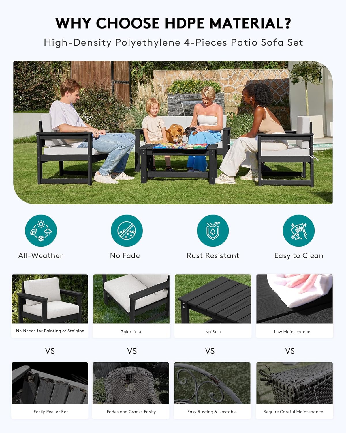 SERWALL 3 Pieces HDPE Outdoor Sofa Set with Cushions, All Weather Use Patio Couch Loveseat Furniture with Coffee Table for Balcony, Deck, Poolside, Black Frame with Khaki Cushions