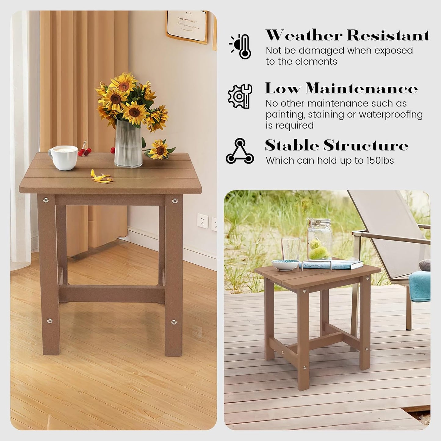 Outdoor Side Table, Small Adirondack Side Table for Adirondack Chair - Indoor Outdoor End Table - HDPS (Teak)