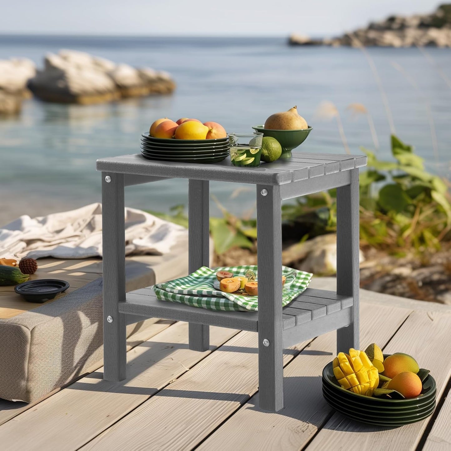 PASAMIC 2-Tier Adirondack Square Side Table, 17" HDPE Outdoor Side Tables, Weather Resistant End Table for Patio, Backyard, Pool, Indoor Companion, Beach, Easy Maintenance (Gray)