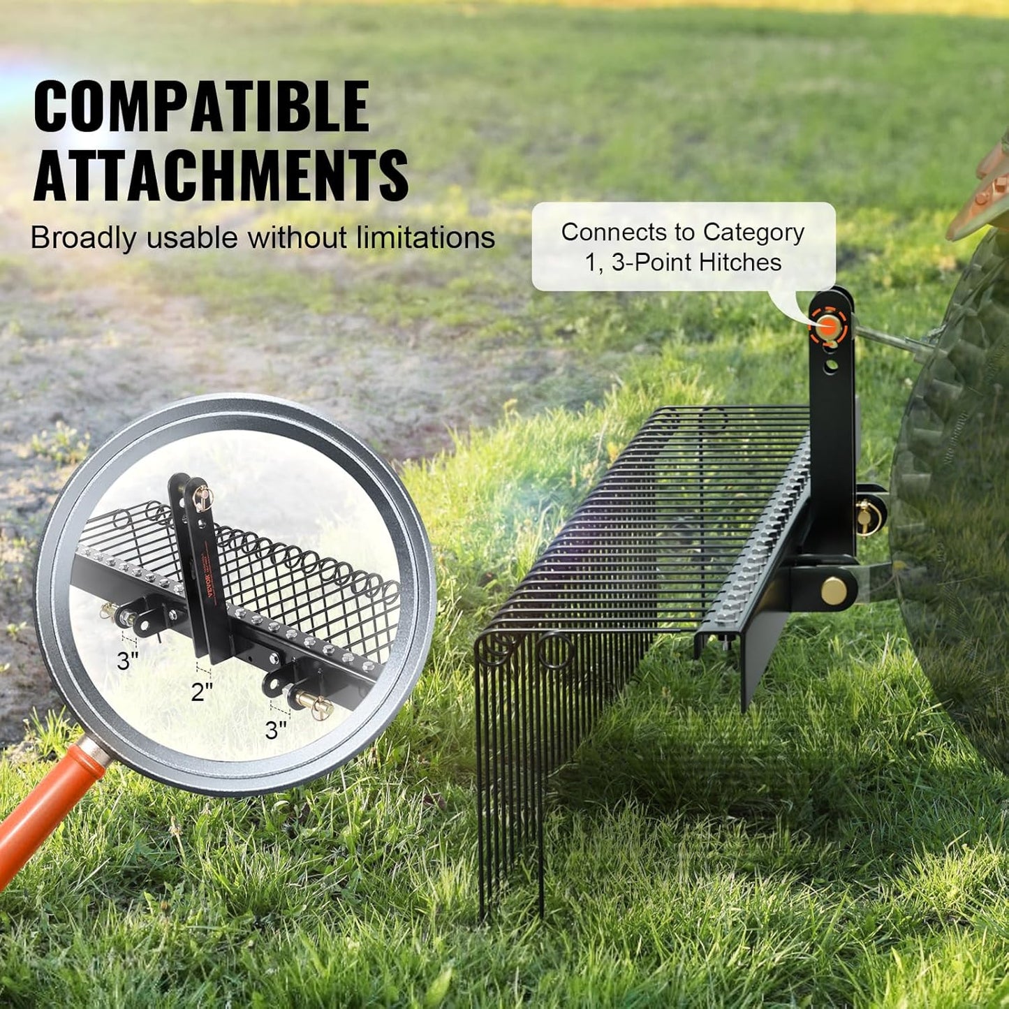 VEVOR Tow Behind Landscape Rake, 60" Tow Dethatcher with 21 Steel Coil Tines, Lawn Dethatcher Rake Attaches to 48" or 60" Toolbars and 3-Point Suspension Systems, for Leaves, Pine Needles, and Grass