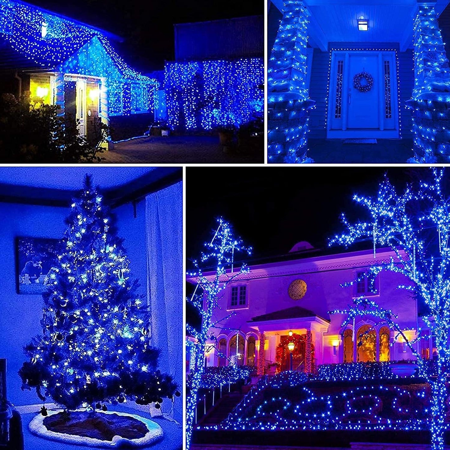 QITONG Blue Solar Fairy Lights, 4 Pack Each 33ft 100 LED String Lights Outdoor Waterproof, 8 Modes Silver Wire Twinkle Mini Lights