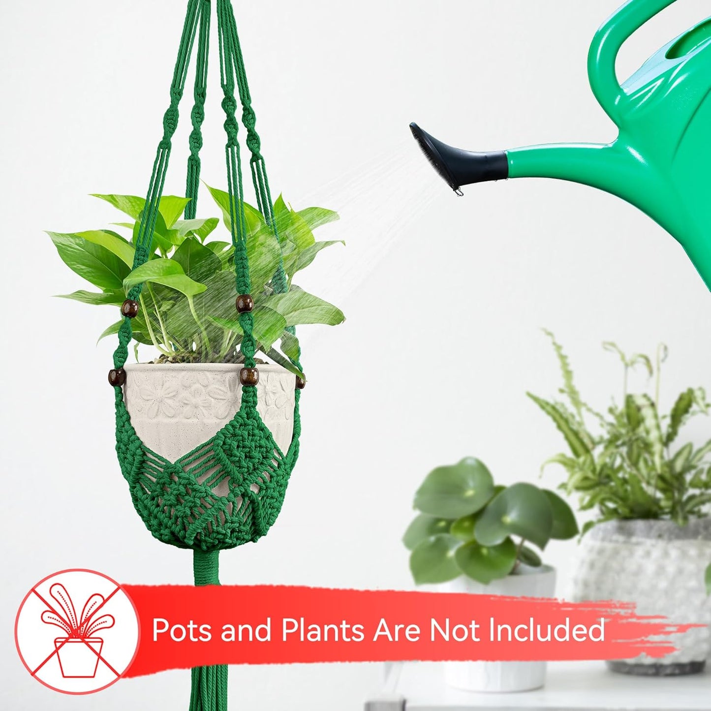 USLAI Macrame Handmade Basket Plant Hanger (2-Pack), for 3-8 Inch Pots, Indoor Outdoor Strong Hanging Planter Flower Pot Holder with Beads and Tassels, Boho Home Decor (POTS NOT Included) (Green)