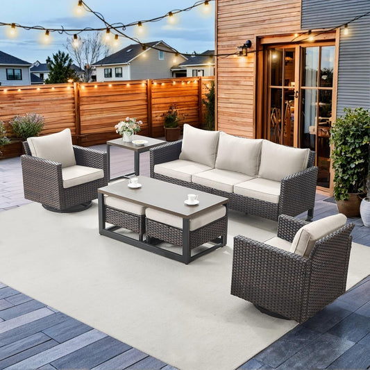 HUMMUH 7 Piece Patio Furniture Set PE Wicker Outdoor Couch,Patio Swivel Rocker Chairs and Ottomans Tables for Porch,Garden,Backyard