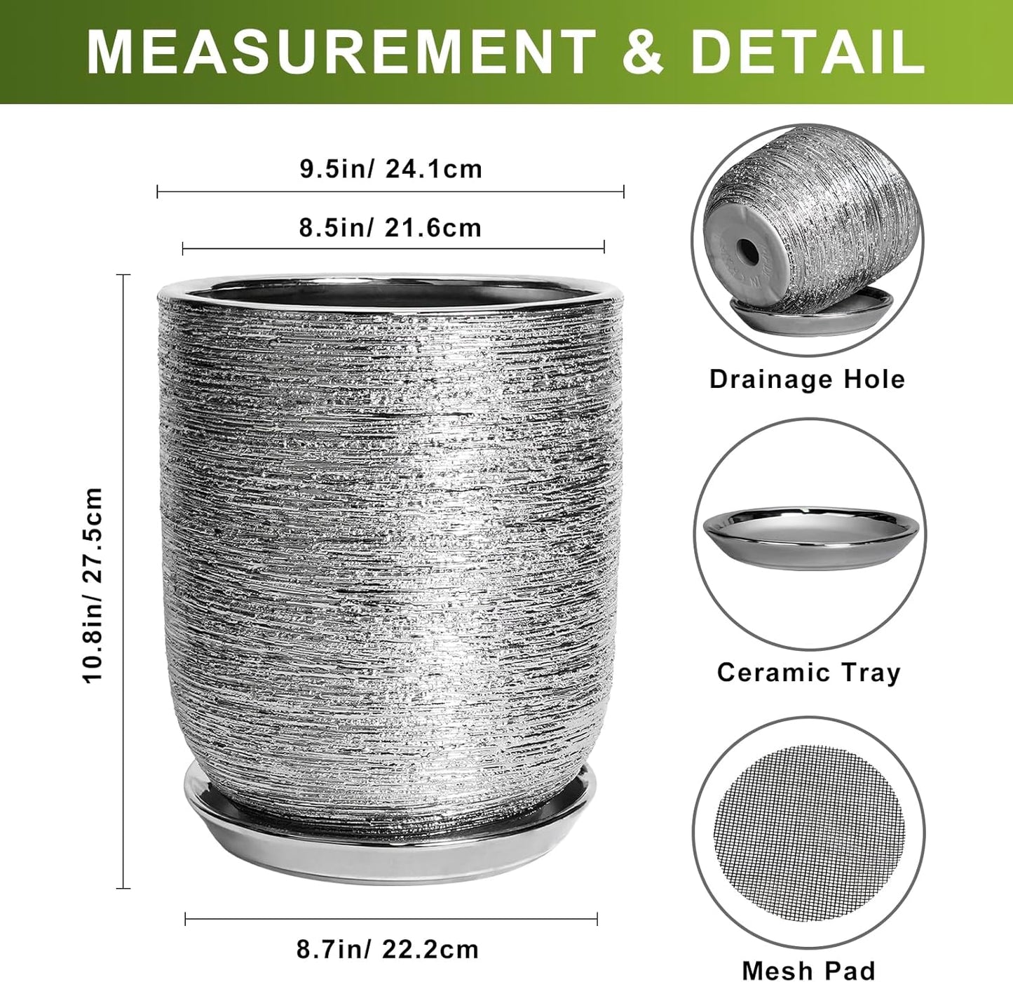 10 Inch Plant Pot - Ceramic Planter for Indoor Outdoor Flowers, Cylinder Modern Flower Pot with Drainage Hole and Saucer, Gifts for Plants Lovers, Home Garden Office House Decor, Silver