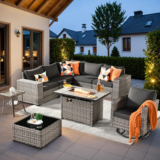 ovios 9 Pieces Patio Furniture Set, Outdoor Wicker Sectional Sofa with 42" Fire Pit Table Swivel Chair, Modern Modular Deep Seat Rattan Couch Conversation Sets, Black
