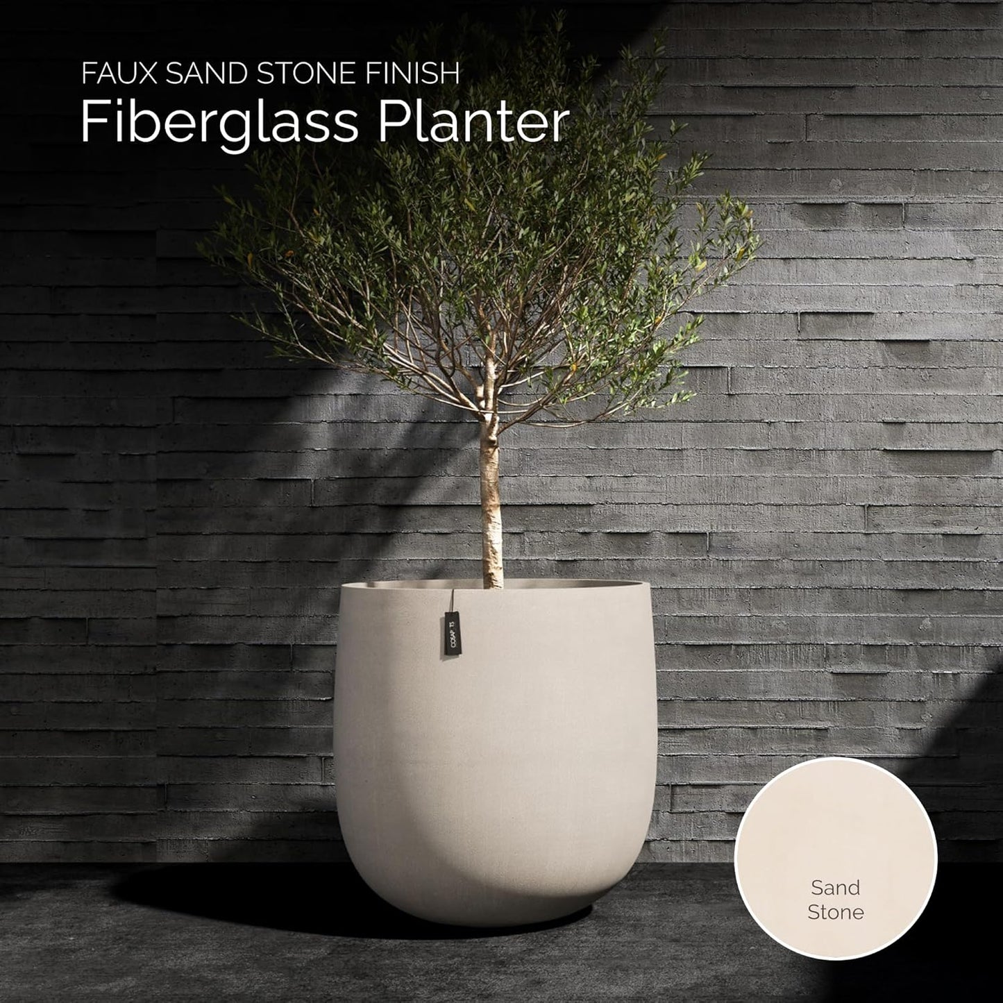 Mondo Large Planter – Sand Stone Finish – Fiberglass Indoor/Outdoor and Weather-Resistant Round Planter (33" D x 31.3" H Exterior, 31.5" D x 30.7" H Interior)