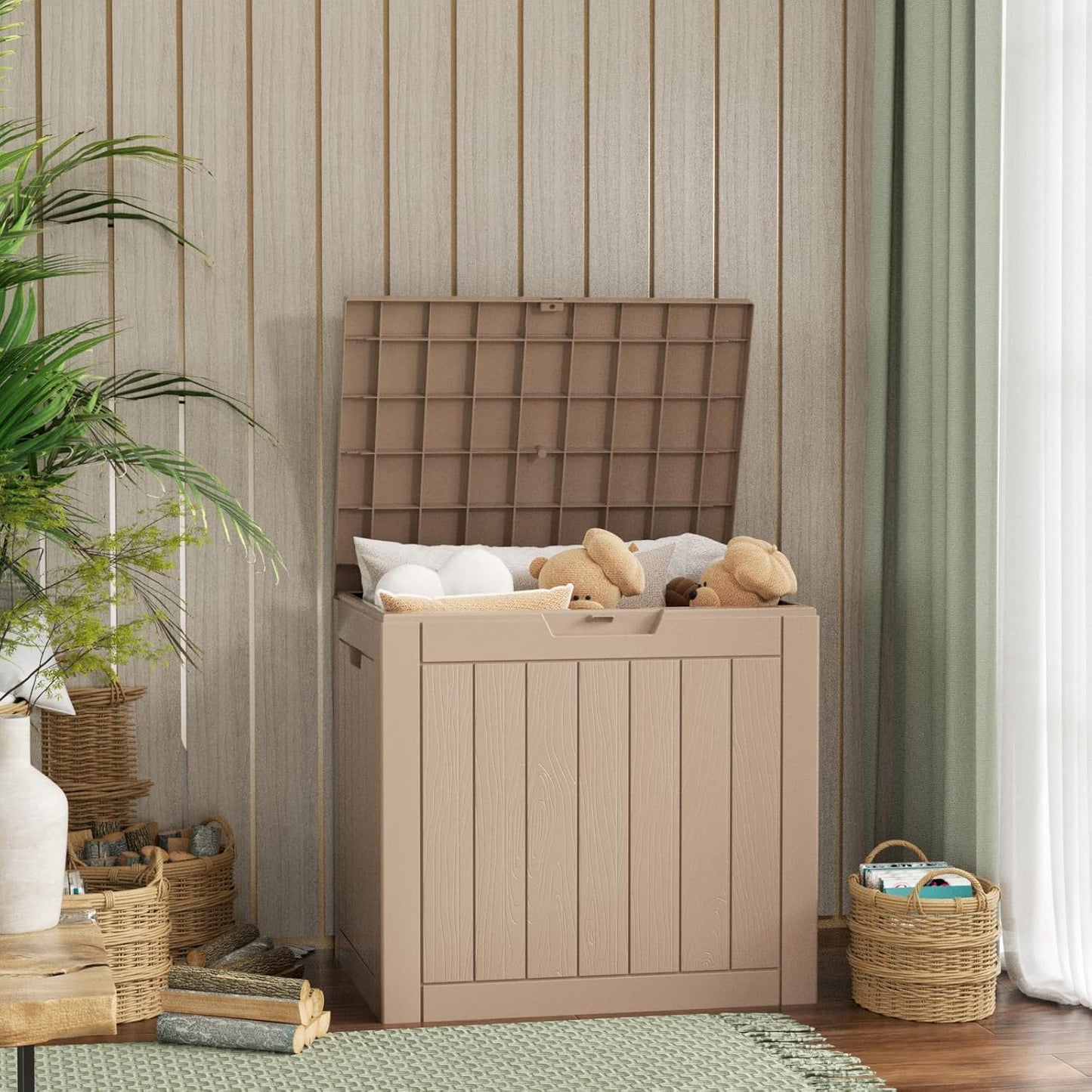 36 Gallon Outdoor Deck Box,Storage Lockable Waterproof Patio Furniture,Garden Tools,Cushions,Pool Accessories Outside Storage Resin Box(Grey)