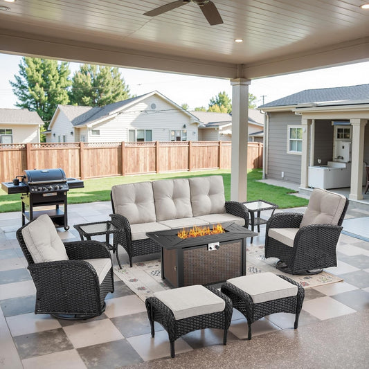 8 Piece Patio Furniture Set with 50000 BTU Propane Fire Pit Table, Outdoor Conversation Set with 2 Swivel Rocker Chairs Wicker Sofa and Ottomans for Casual Gatherings Black