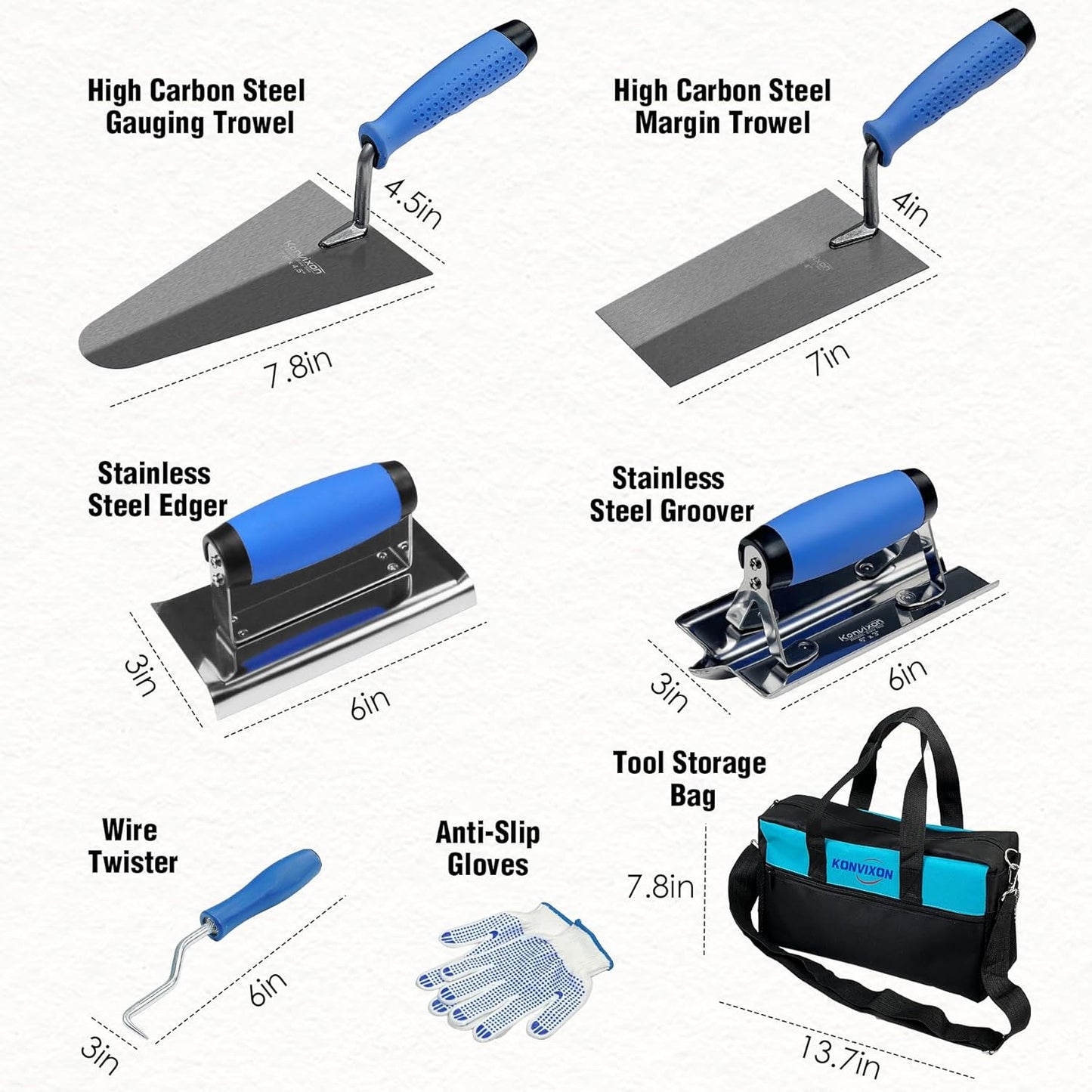 10PCS Concrete Trowel Set, Masonry Hand Tool Set Includes Large Flat Finishing and Pool Trowel, Wood Float, Concrete Edger and Groover, Margin Gauging, Wire Twister, Gloves & Carry Bag