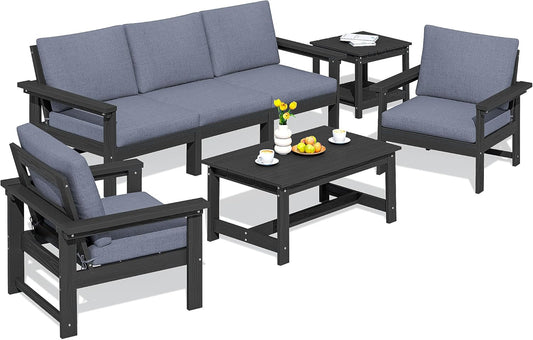 SERWALL HDPE Patio Furniture Set, 7-Piece Outdoor Sectional Sofa Set, All Weather Outdoor Couch Set for Deck, Lawn, Black Frame with Grey Cushion