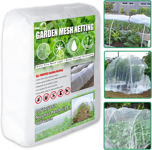 SnugNiture Garden Netting 10x50FT Ultra Fine Mesh Mosquito Netting Plant Covers, White Bird Netting Barrier Greenhouse Row Cover Protect Fruits Flower Vegetables from Birds Deer & Squirrels