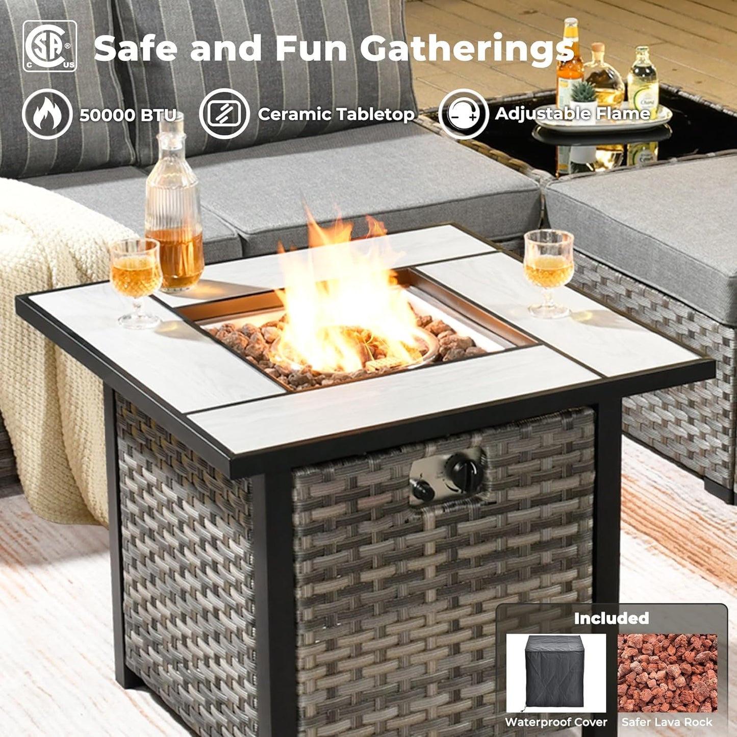 ovios 9 Pieces Patio Furniture Set, Outdoor Wicker Sectional Sofa with 30" Fire Pit Table Swivel Chair, Modern Modular Deep Seat Rattan Couch Conversation Sets, Dark Gray Stripe